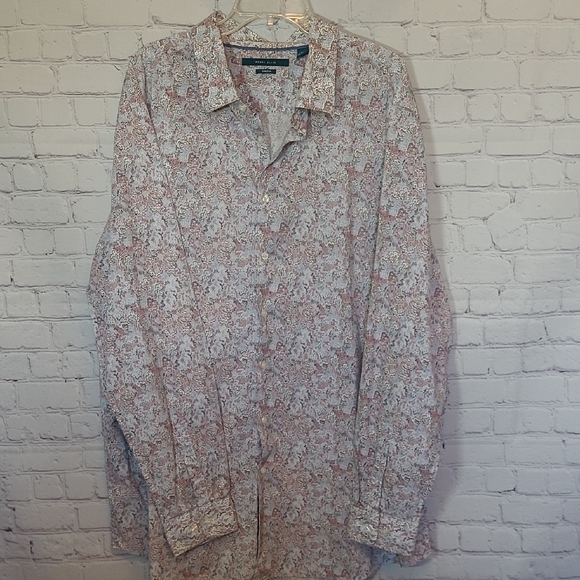 Perry Ellis Size 3XLT Long Sleeve White Gray Red Patterned Button Front Shirt - Picture 1 of 7